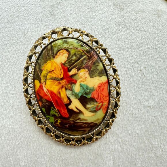 Vintage Porcelain Courting Couple Oval Brooch Pin Mid Century Modern Victorian - Picture 5 of 5